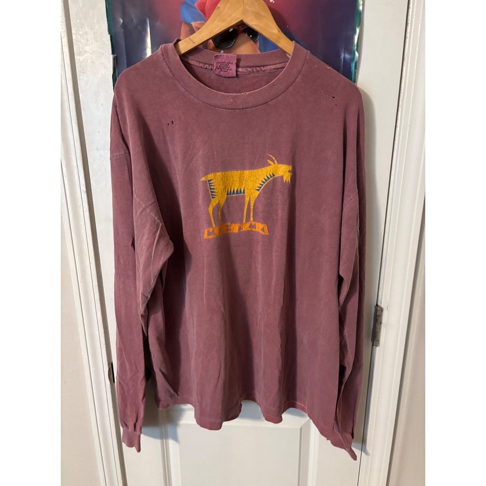 Vintage Anvil Pigment Dyed Long Sleeve T-Shirt XL Maroon Goat Graphic Distressed